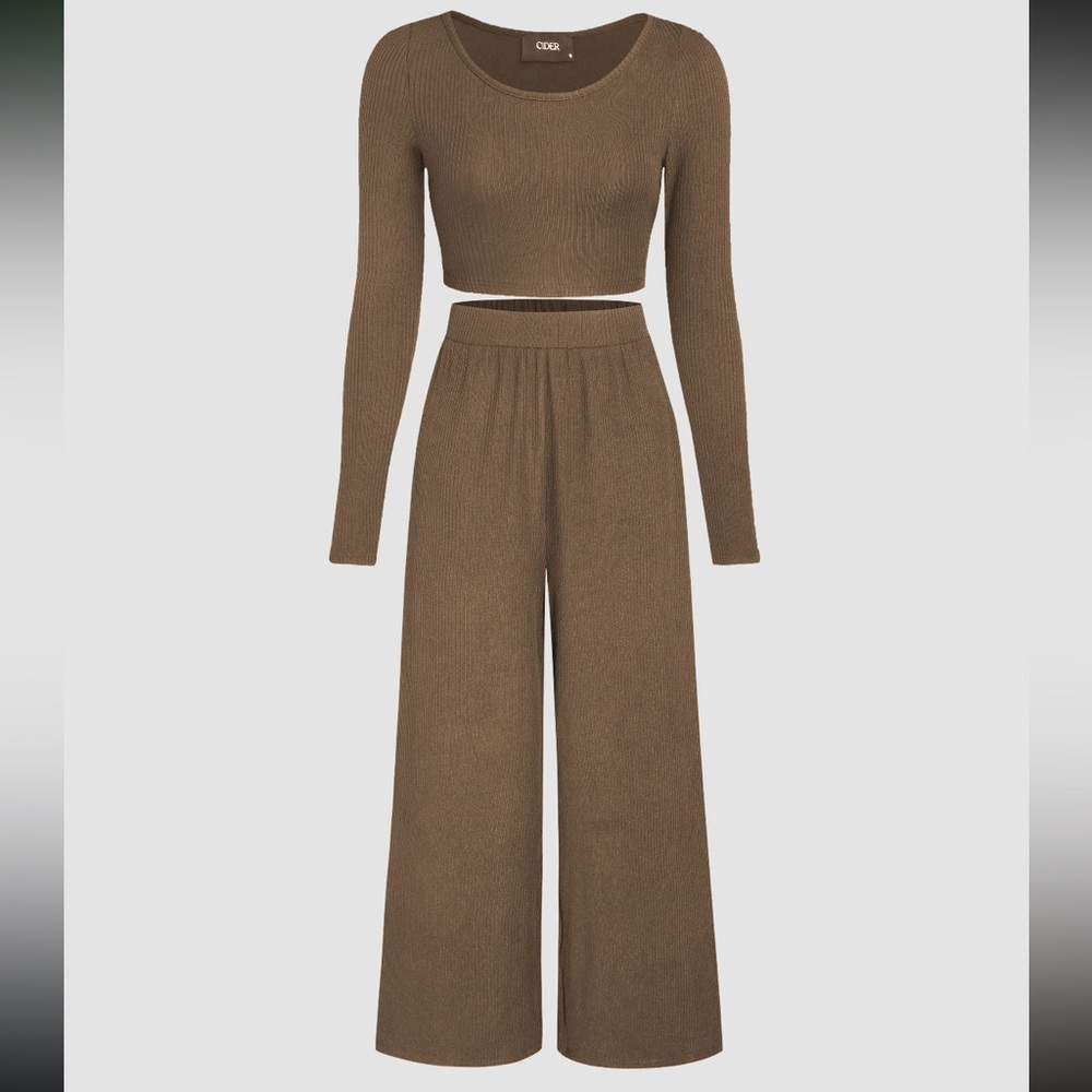 NWOT Set Cider Solid Knitted Ribbed Crop Top Long-Sleeve and Wide Leg Pants